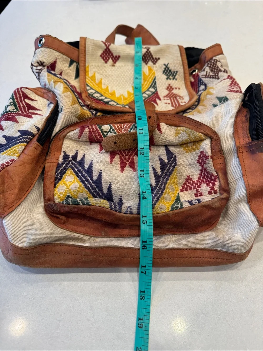 Woven Tribal Canvas Backpack with Brown Leather Trim - Multicolor worn but cool